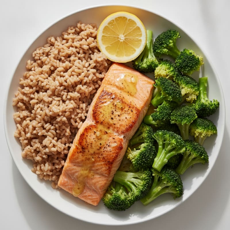 Seared Salmon with Steamed Broccoli and Brown Rice