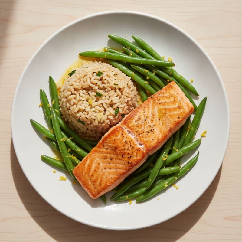 Seared Salmon with Lemon-Garlic Green Beans and Brown Rice