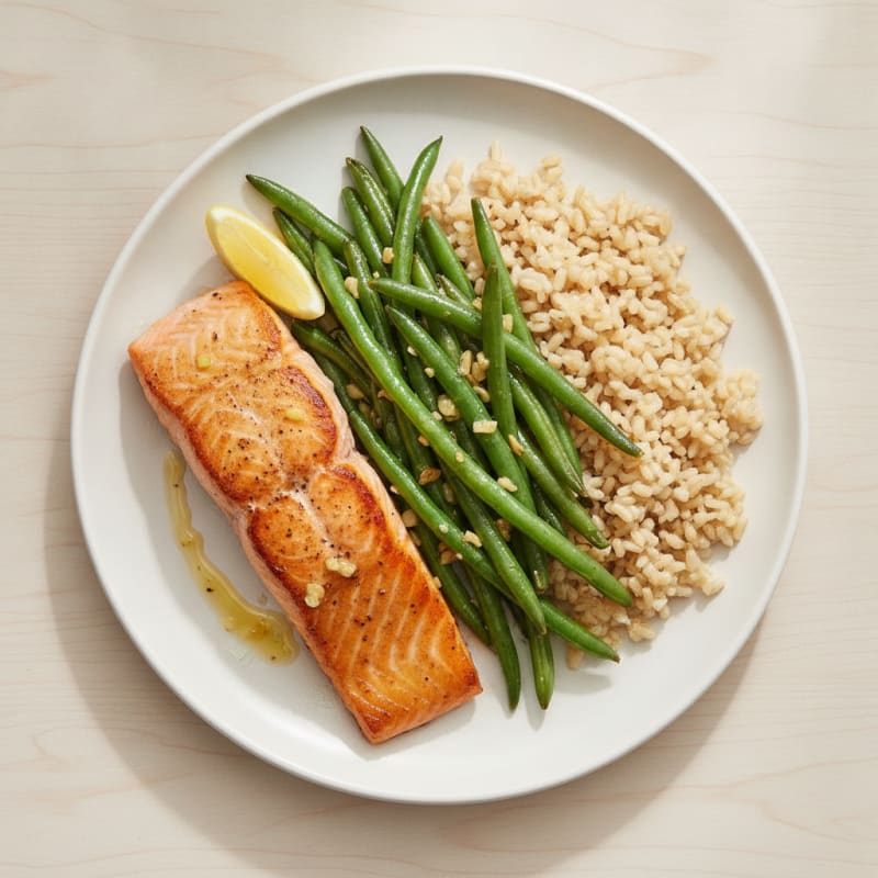 Seared Salmon with Garlic Green Beans and Brown Rice