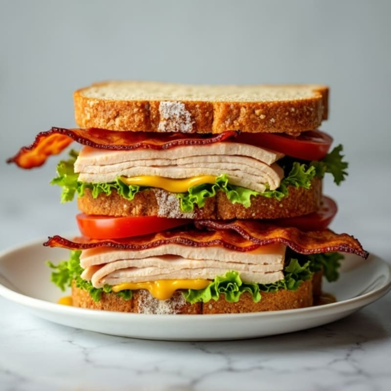 Stacked Lean Turkey and Crispy Bacon Sandwich on Whole Grain
