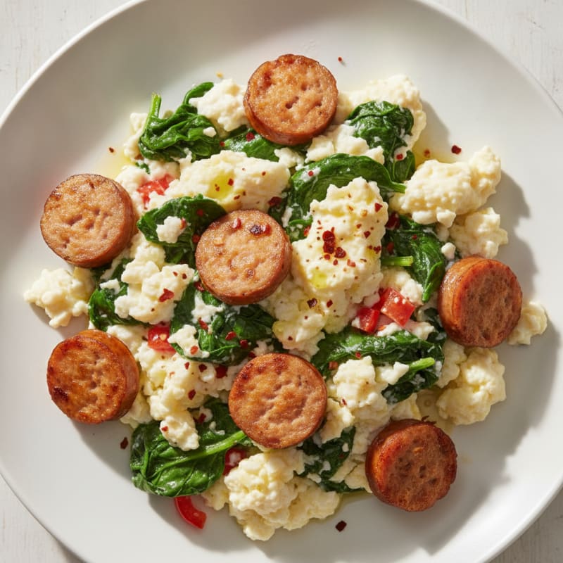 Egg White and Spinach Scramble with Turkey Sausage