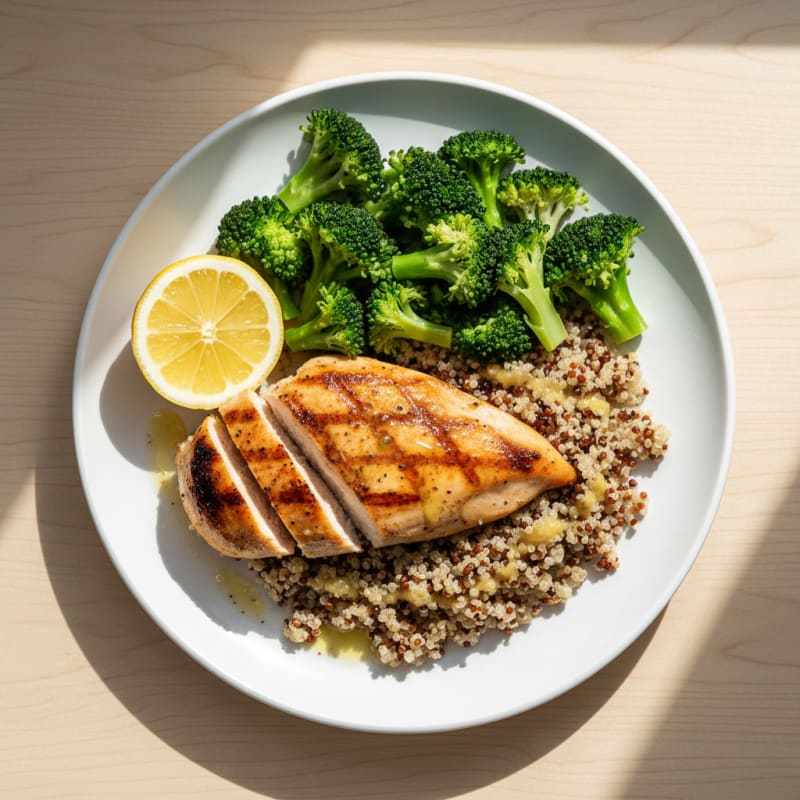 Grilled Chicken Breast with Steamed Broccoli and Quinoa