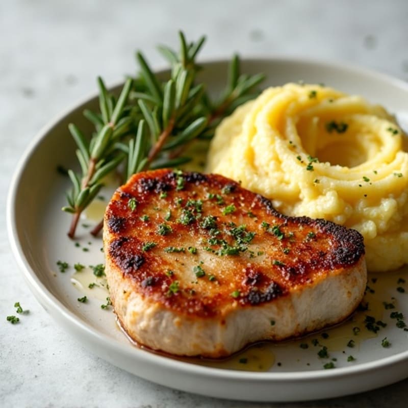 Herb-Crusted Pan Seared Pork Chops with Roasted Garlic Smashed Potatoes