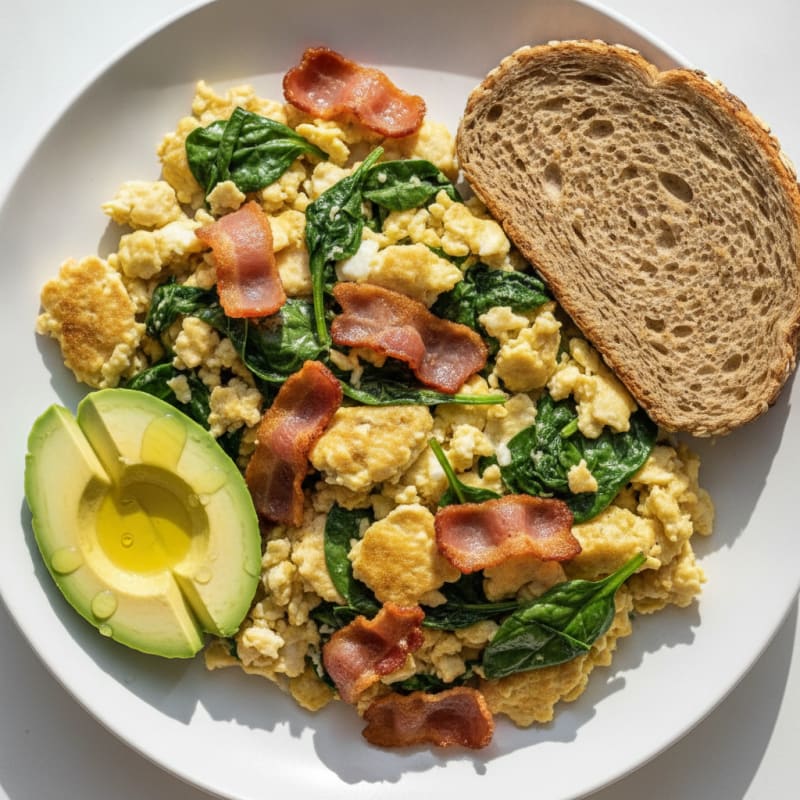 Crispy Turkey Bacon Egg White Scramble with Spinach