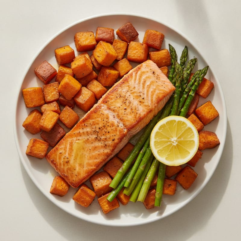Seared Salmon with Roasted Sweet Potatoes and Asparagus