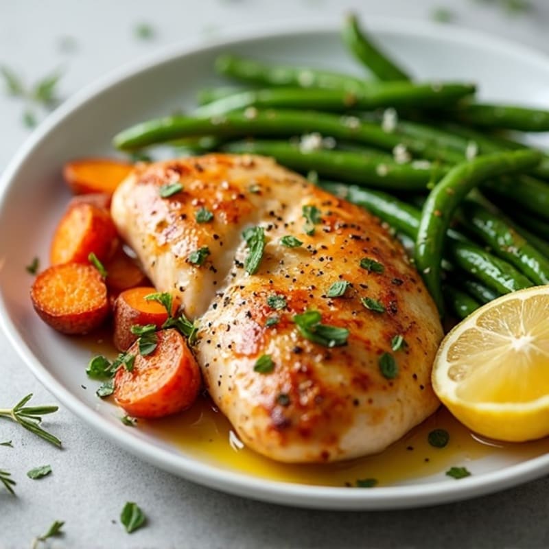 Lemon-Herb Roasted Chicken with Crispy Roasted Sweet Potatoes and Green Beans