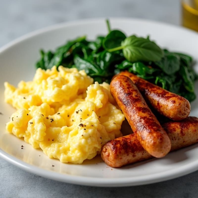 Crispy Chicken Sausage and Creamy Scrambled Eggs with Sautéed Spinach