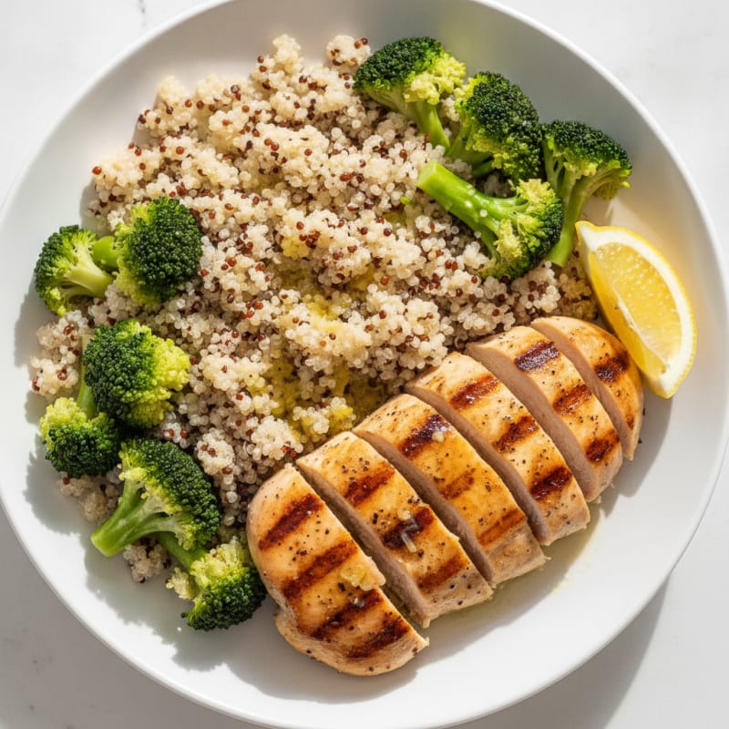 Grilled Chicken Breast with Steamed Broccoli and Quinoa