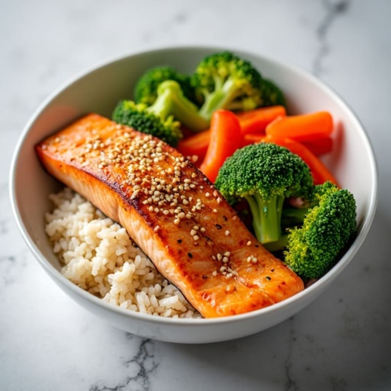 Ginger-Soy Baked Salmon with Sticky Rice and Fresh Vegetables