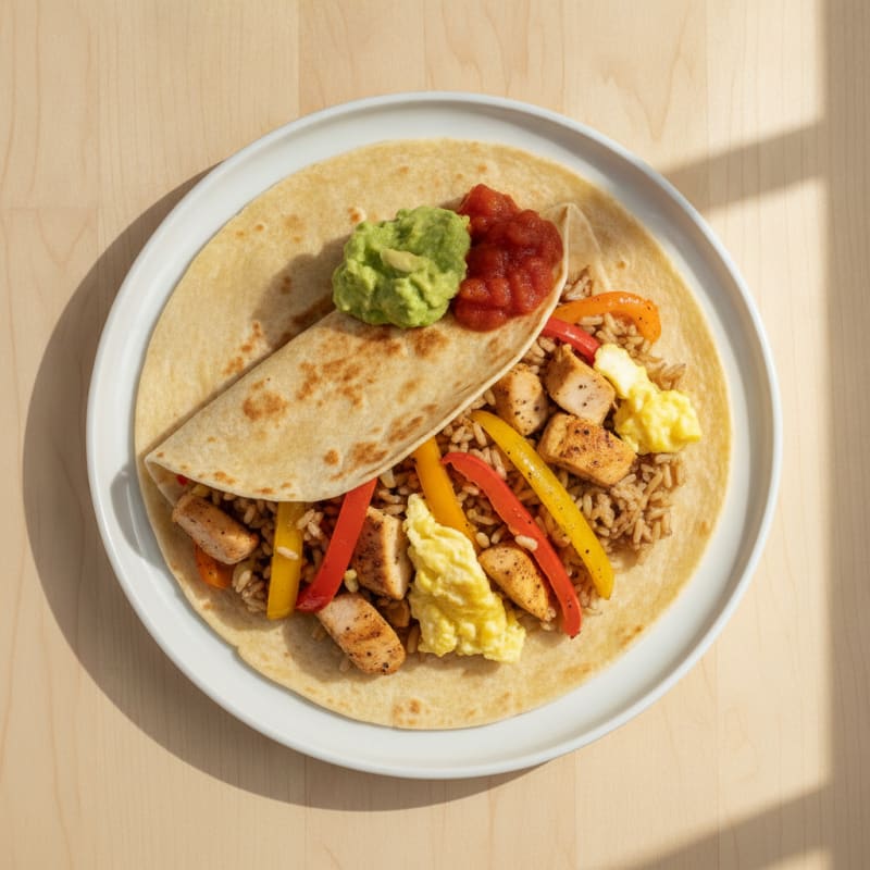 Egg and Chicken Breakfast Burrito with Sautéed Peppers