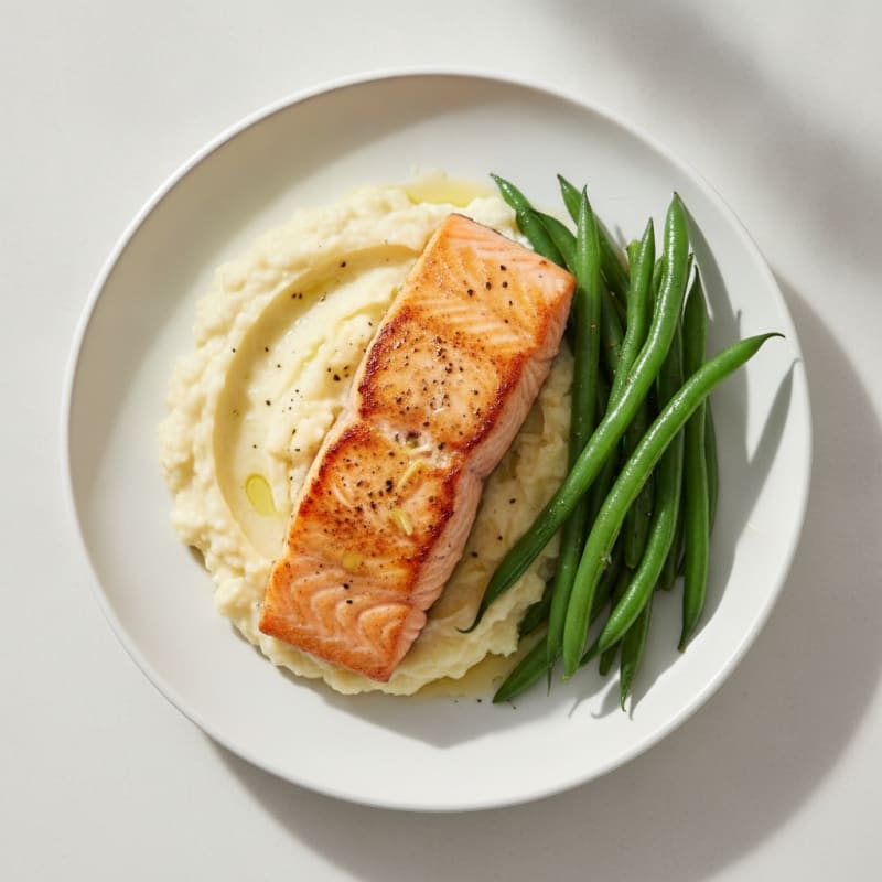 Seared Salmon with Steamed Green Beans and Garlic Mashed Cauliflower