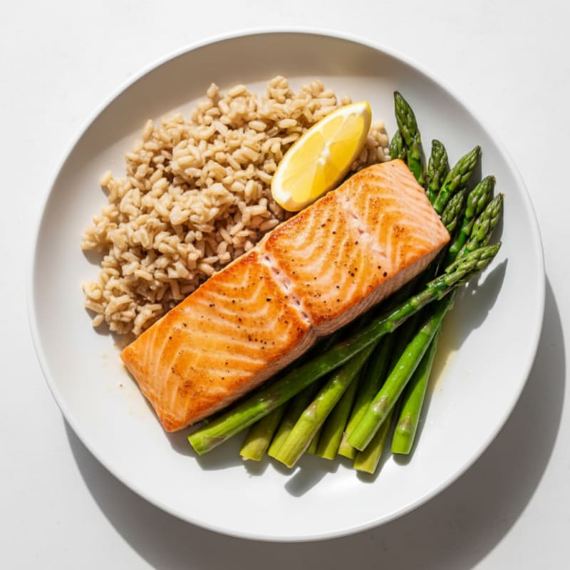 Seared Salmon with Steamed Asparagus and Brown Rice