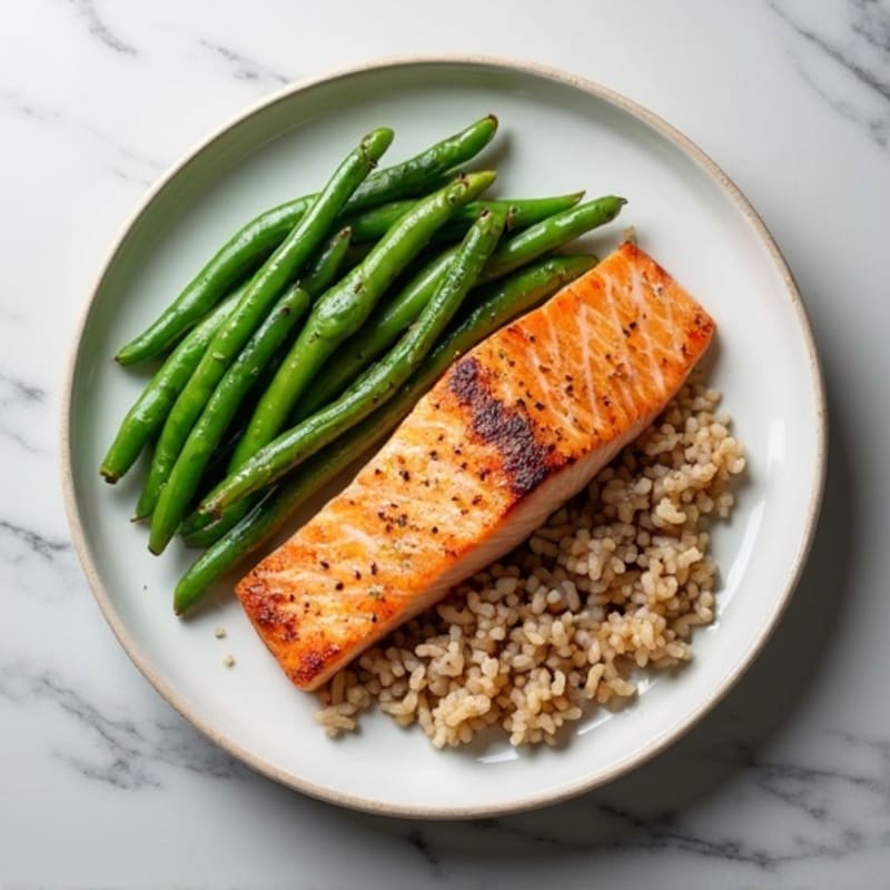 Seared Salmon Fillet with Steamed Green Beans and Brown Rice