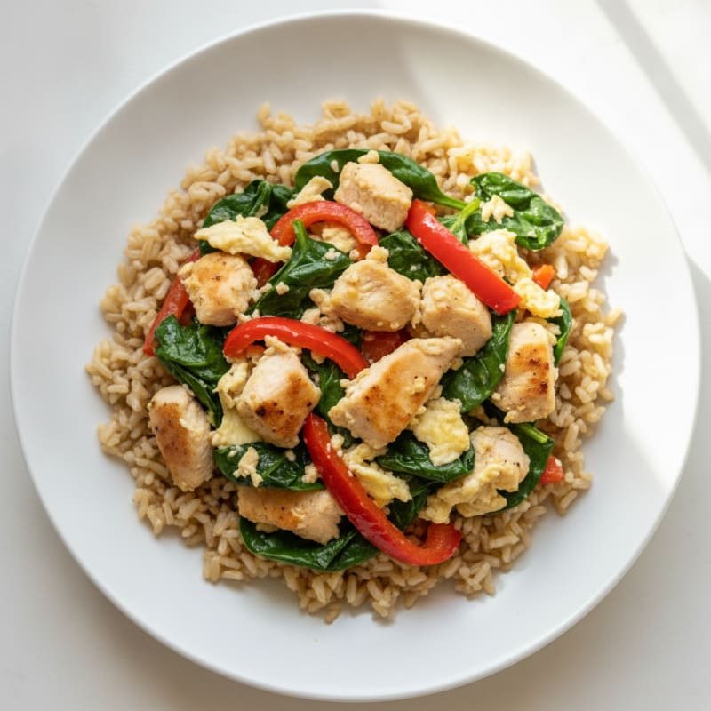 Egg White and Chicken Veggie Scramble with Brown Rice
