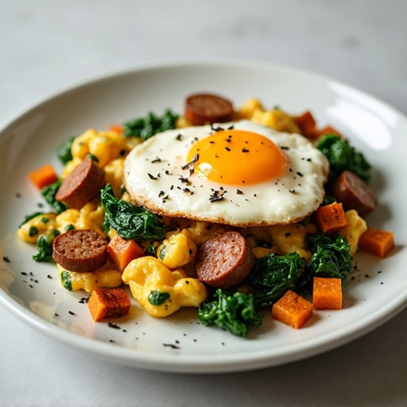 Egg White and Turkey Sausage Scramble with Spinach and Roasted Sweet Potato