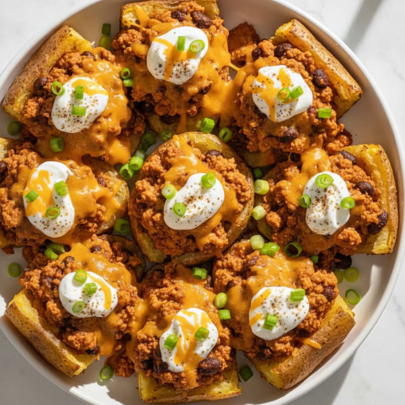 Loaded Chili Cheese Potato Skins