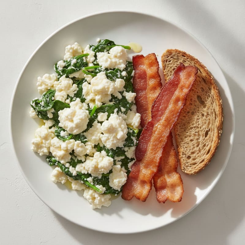 Egg White Spinach Scramble with Cottage Cheese and Turkey Bacon