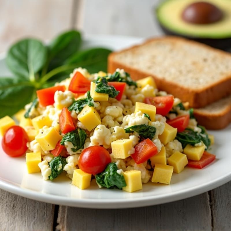 Egg White Veggie Scramble with Cottage Cheese and Fresh Spinach