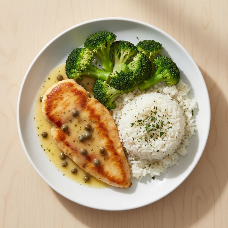 Seared Chicken Picatta with Steamed Broccoli and Herb Rice