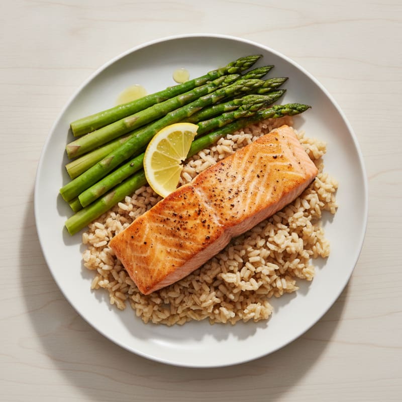 Seared Salmon with Steamed Asparagus and Brown Rice