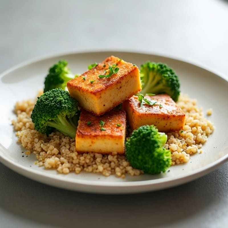 Crispy Baked Tofu with Garlic Broccoli and Quinoa