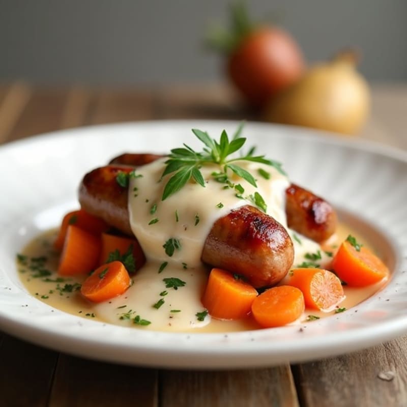 Lean Turkey Sausage with Creamy Herb Gravy over Roasted Root Vegetables