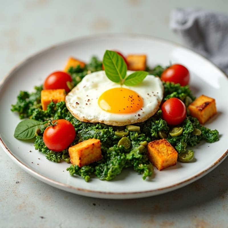 Egg White Spinach Scramble with Cottage Cheese, Cherry Tomatoes & Sweet Potato