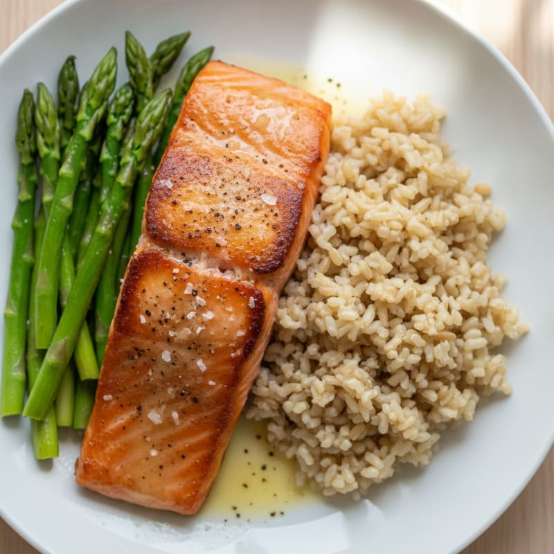 Seared Salmon Fillet with Steamed Asparagus and Brown Rice