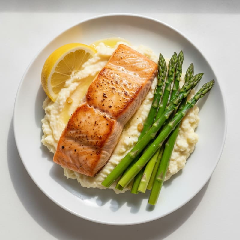 Seared Salmon with Steamed Asparagus and Garlic Mashed Cauliflower