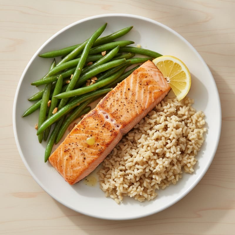 Seared Salmon Fillet with Garlic Green Beans and Brown Rice