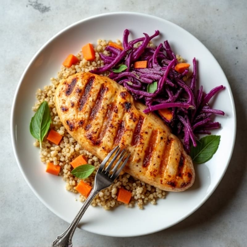 Grilled Chicken Breast with Crunchy Cabbage Slaw and Quinoa