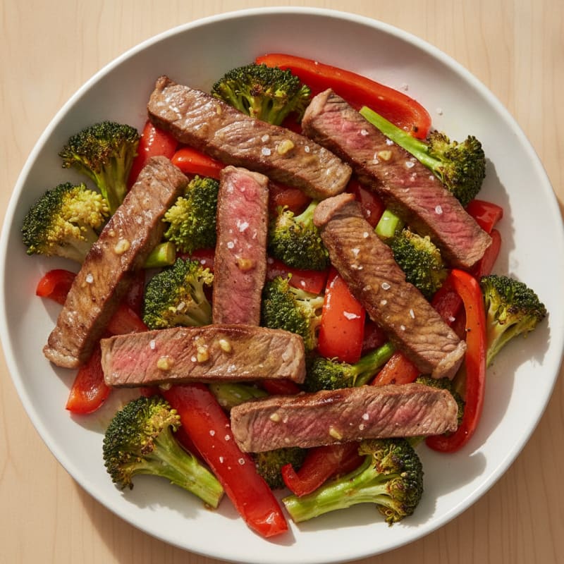 Seared Beef Strips with Roasted Broccoli and Bell Peppers