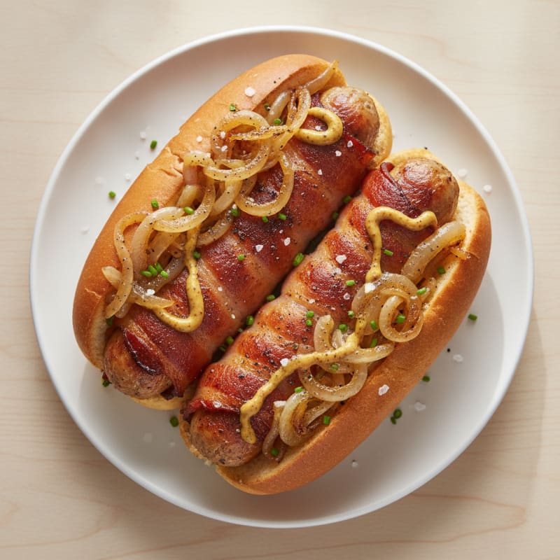 Bacon-Wrapped Hot Dogs with Caramelized Onions