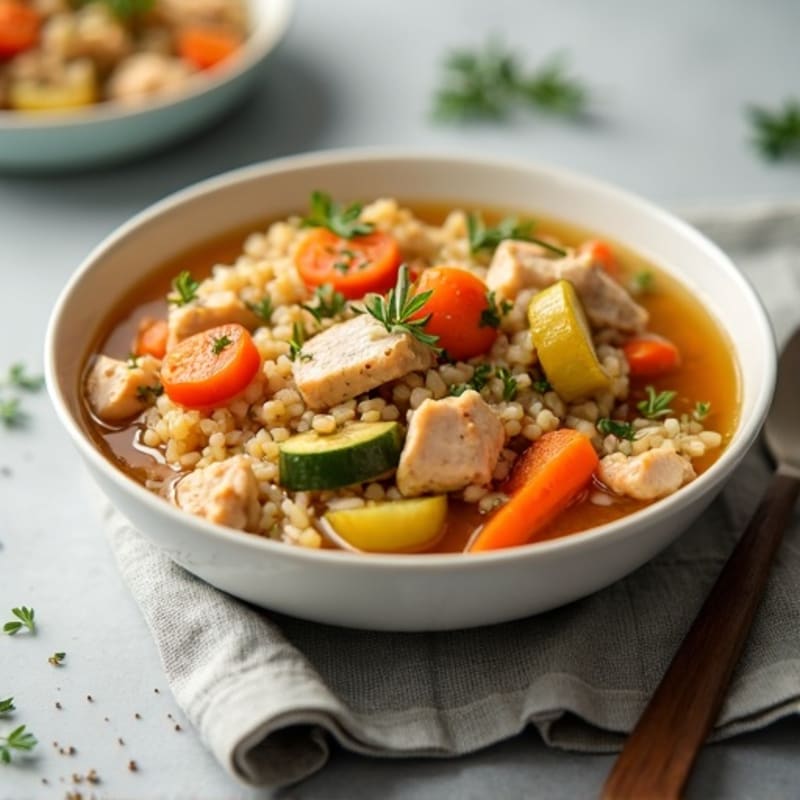 Hearty Chicken and Brown Rice Stew with Garden Vegetables