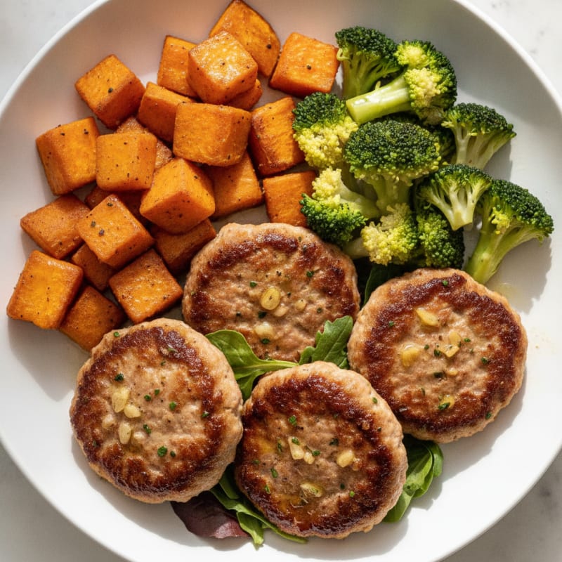 Seared Turkey Patties with Roasted Sweet Potato and Steamed Broccoli
