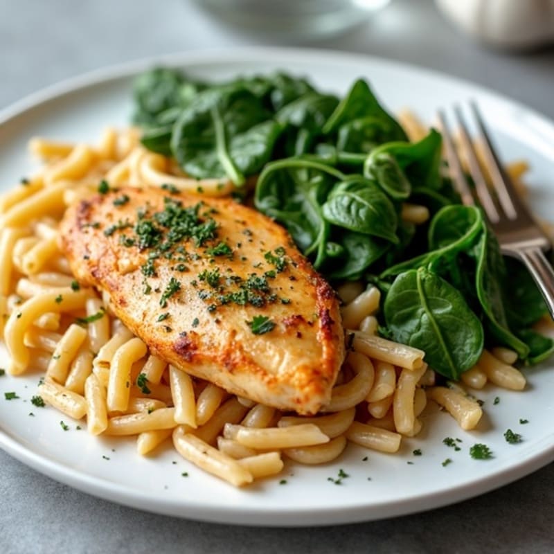 Lemon Garlic Chicken with Whole Wheat Pasta and Sautéed Greens