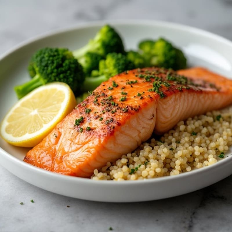 Seared Salmon Fillet with Steamed Broccoli and Quinoa