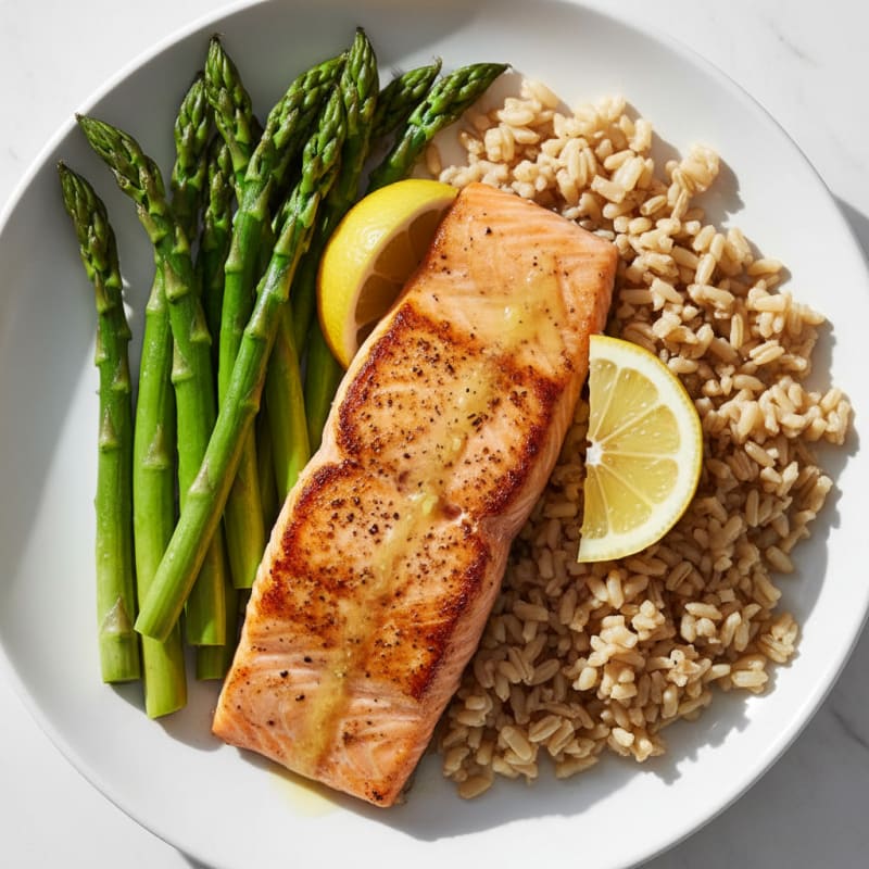 Seared Salmon Fillet with Steamed Asparagus and Brown Rice