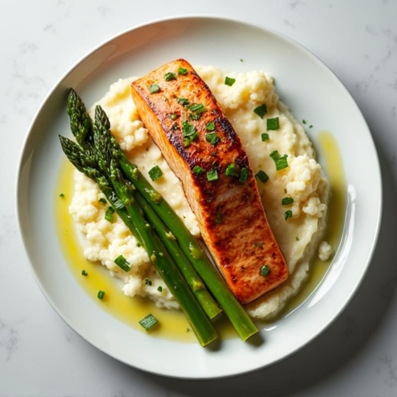 Seared Salmon Fillet with Steamed Asparagus and Cauliflower Mash