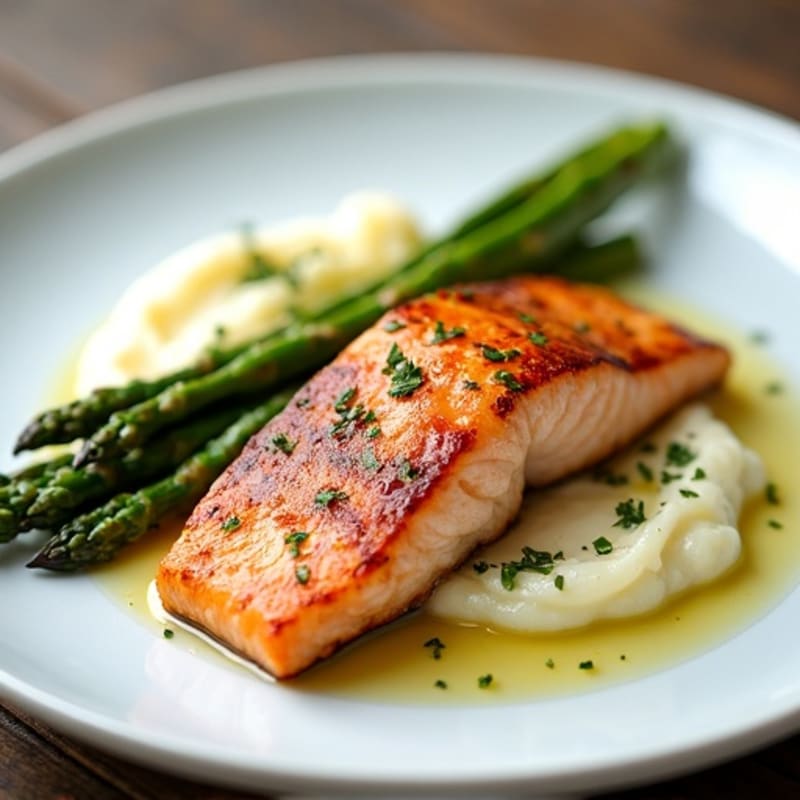 Seared Salmon with Roasted Asparagus and Cauliflower Mash