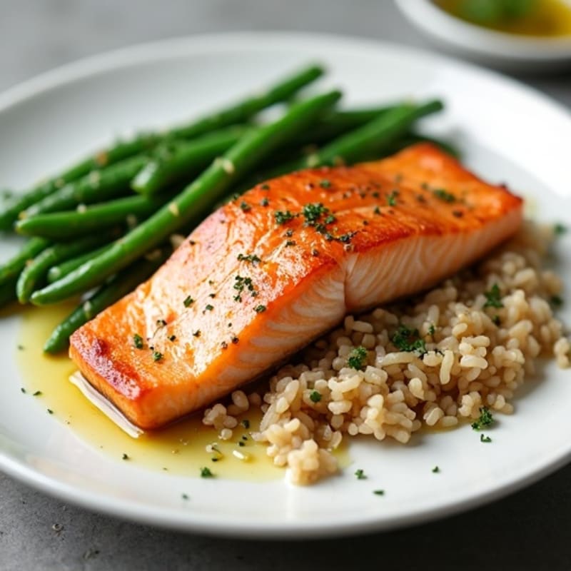 Seared Salmon with Garlic Green Beans and Steamed Brown Rice