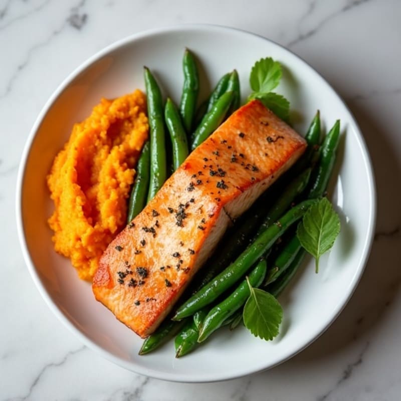 Seared Salmon Fillet with Garlic Green Beans and Sweet Potato Mash