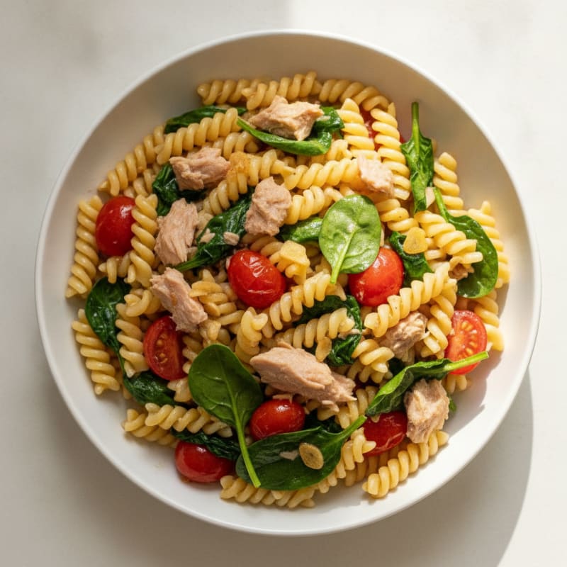 Tuna Pasta with Spinach and Cherry Tomatoes