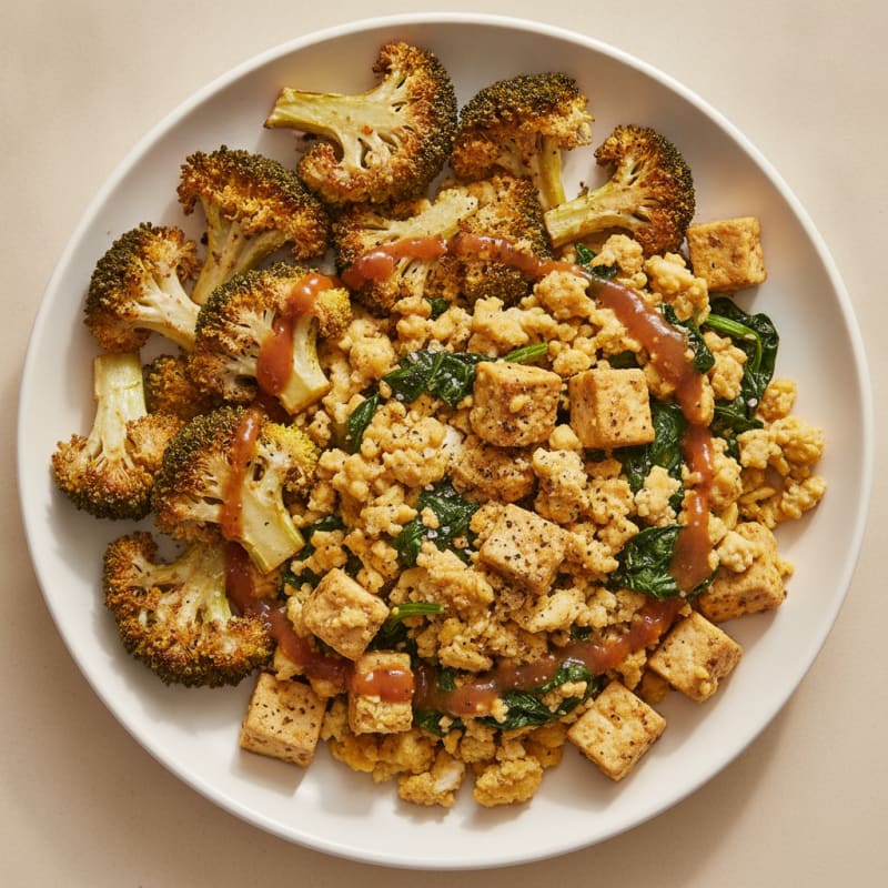Ginger-Soy Tofu and Egg Scramble with Roasted Broccoli