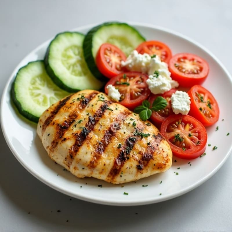 Lemon Herb Grilled Chicken with Fresh Cucumber Tomato Salad and Feta