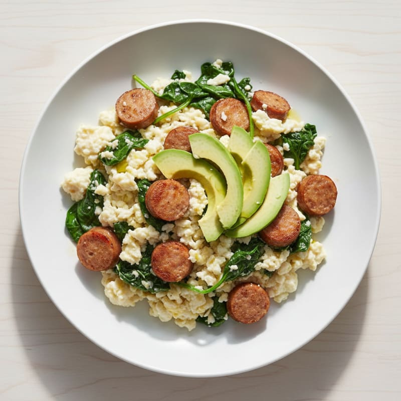 Egg White and Turkey Sausage Scramble with Sautéed Spinach