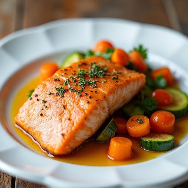 Seared Salmon with Roasted Sweet Potato and Steamed Vegetables