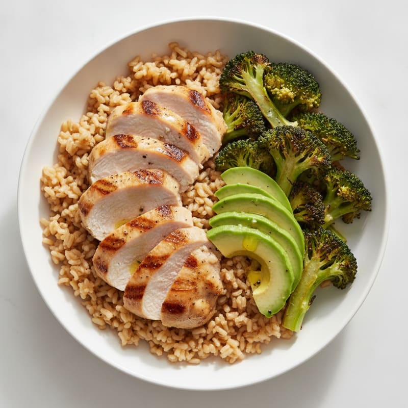 Grilled Turkey and Avocado Bowl with Brown Rice and Roasted Broccoli