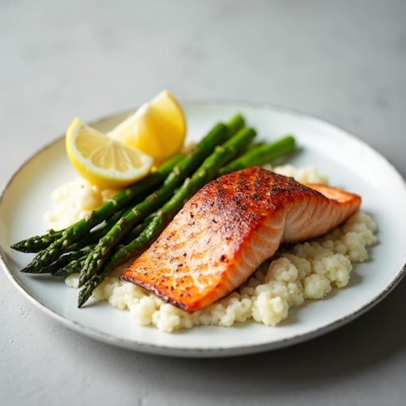Seared Salmon with Steamed Asparagus and Cauliflower Mash