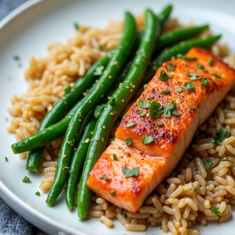 Seared Salmon with Garlic Green Beans and Brown Rice
